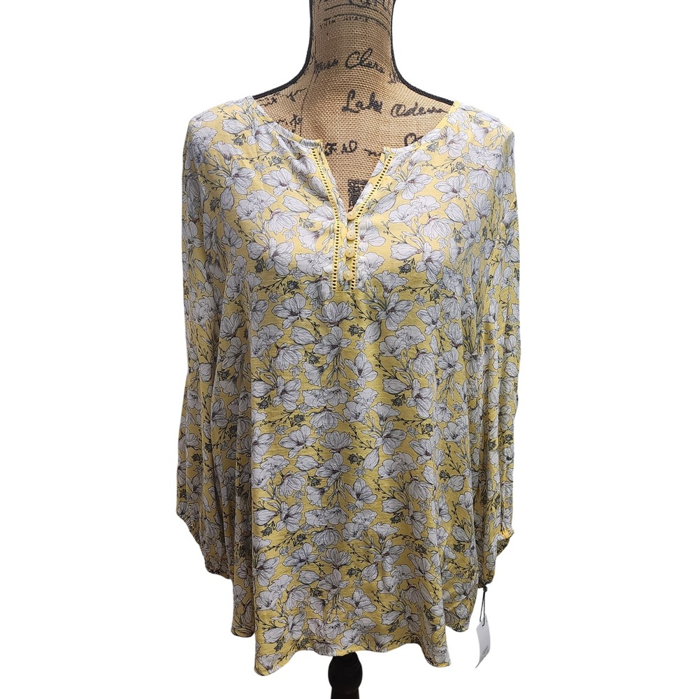 Liz Claiborne Women's XXL Floral Blouse Yellow Passion Flowy Long Sleeve